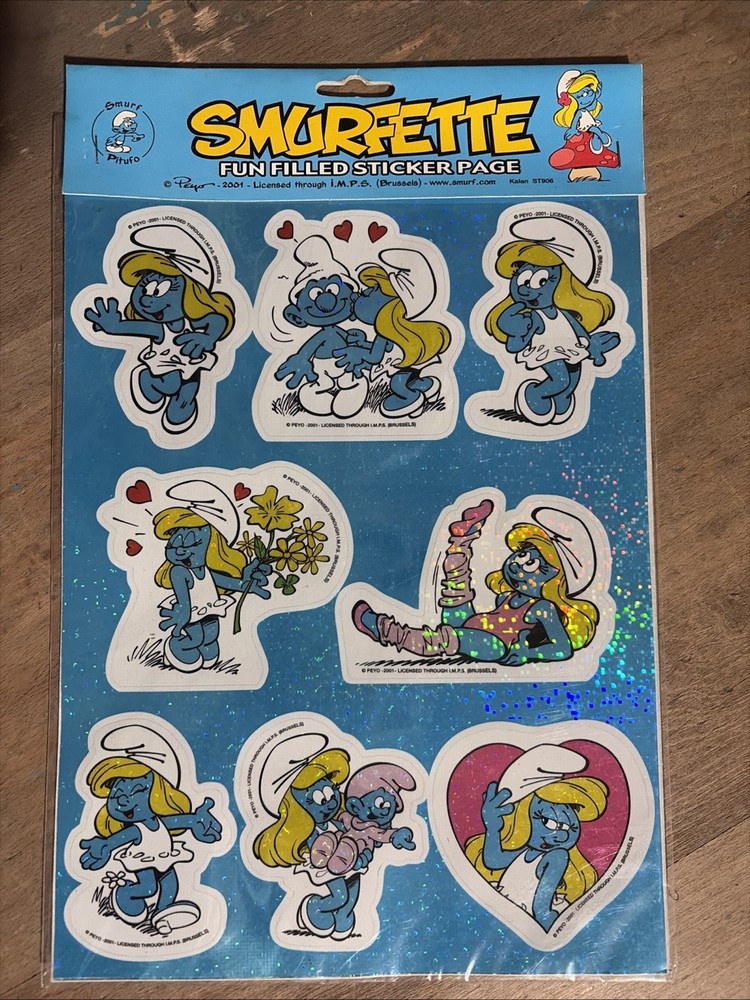 2001 SMURF Smurfette Glitter Sparkle Sticker Sheet NIP Decal RARE 8 Stickers
