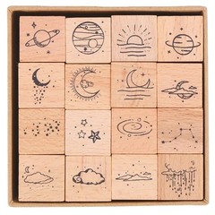 16 Pcs Planet Moon Stars Cloud Wooden Rubber 0.79 x inches, Wood Color