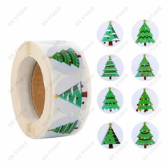 500pcs/roll 1in 8 Designs Green Christmas Tree Stickers Round Shape Chrome Paper