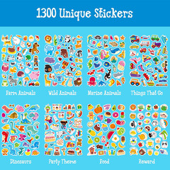 1300PCS Adorable Stickers, Farm/Marine/Wild Animals, Vehicles, Dinosaurs, Food,