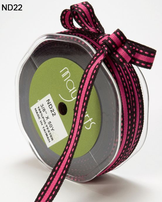 3/8 Inch GROSGRAIN/STRIPE/STITCH Ribbon-May Arts-ND22-Fuchsia /Black – 5 Yds.