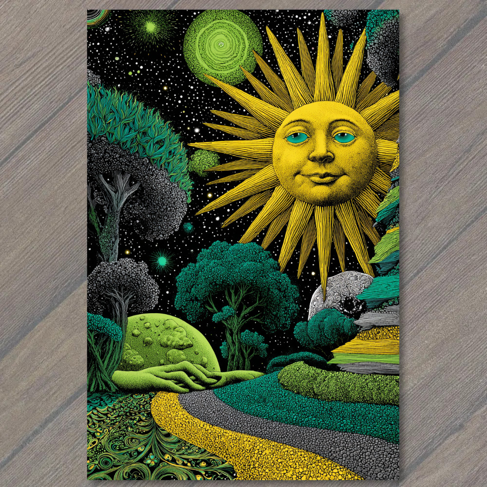 STICKER Golden Sun Face Cosmic Forest Night Sky Surreal Fantasy Landscape