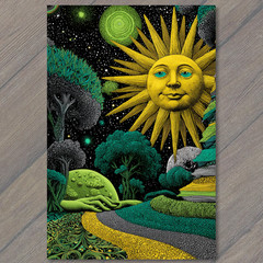 STICKER Golden Sun Face Cosmic Forest Night Sky Surreal Fantasy Landscape