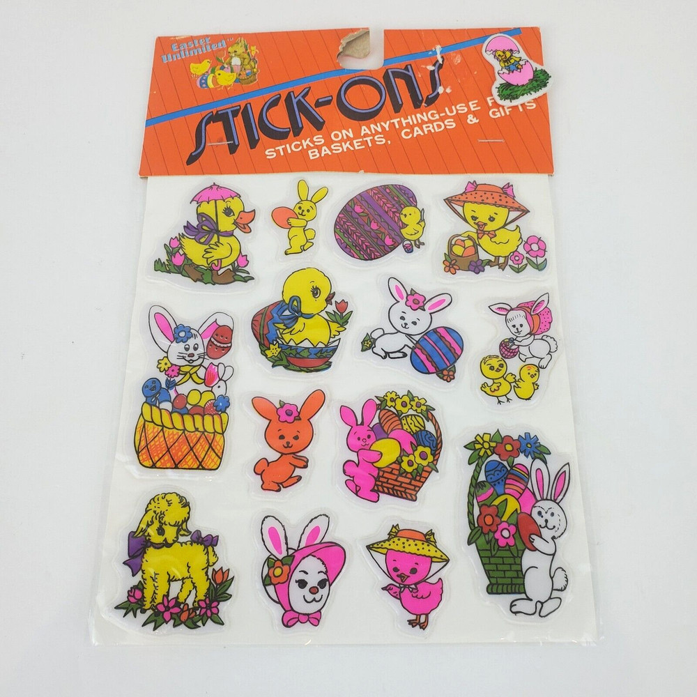 14 Vtg Stick-Ons Easter Unlimited Puffy Easter Bunny Eggs Chicks Stickers NOS