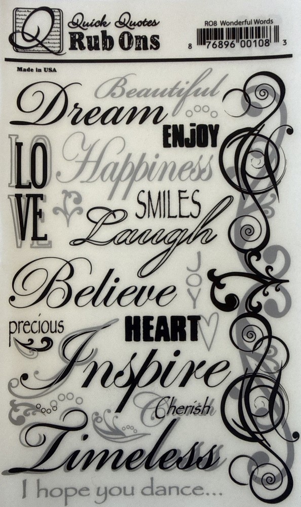 WONDERFUL WORDS Rub-On Transfers(4.5”x 7”)Inspire•Believe •Happiness•Card Making