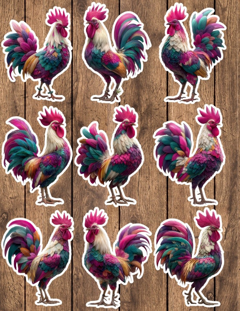 Colorful Rooster Die Cut Vinyl Stickers Set Scrapbooking Laptop Water Bottle