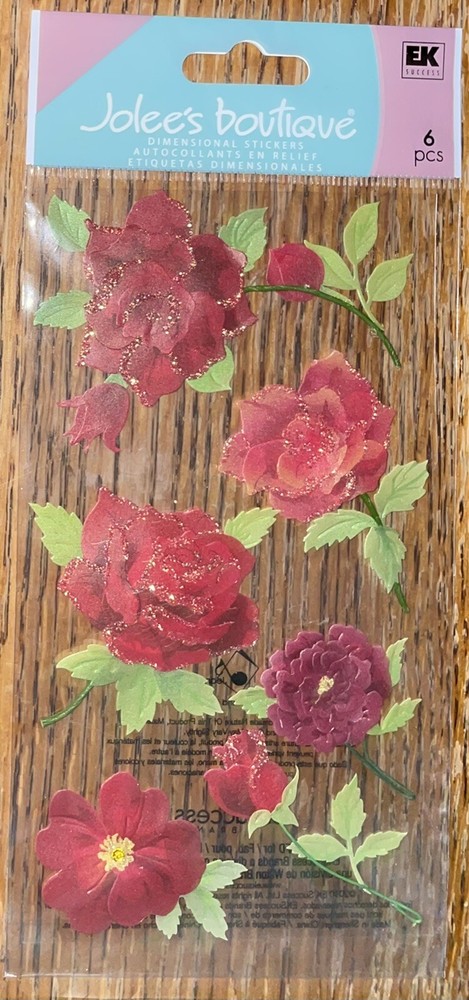 RARE Jolees Red Roses Flowers Stem Buds Velum W/Gem Garden 3D Scrapbook Stickers