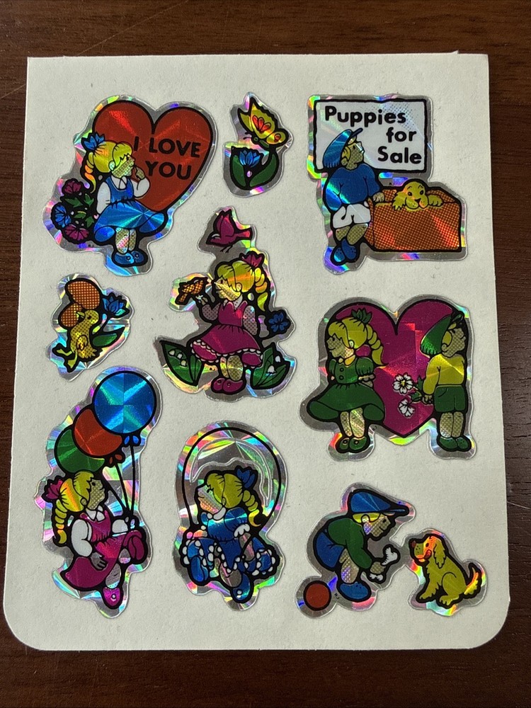 Vintage BJ Prism Holographic Sticker Sheet Kids Hearts Puppies Unused 1980s 🦋🐶