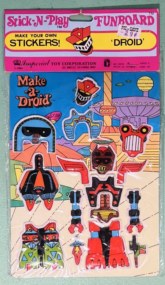 Vtg 1981 Imperial STICK N PLAY Puffy Sticker Robot Droid Funboard, Sealed RARE