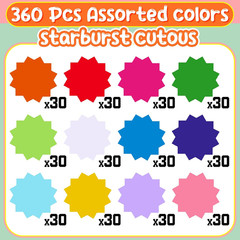 360 Pcs Starburst Cutouts Paper 3.9 Inch Assorted Color Die Cuts