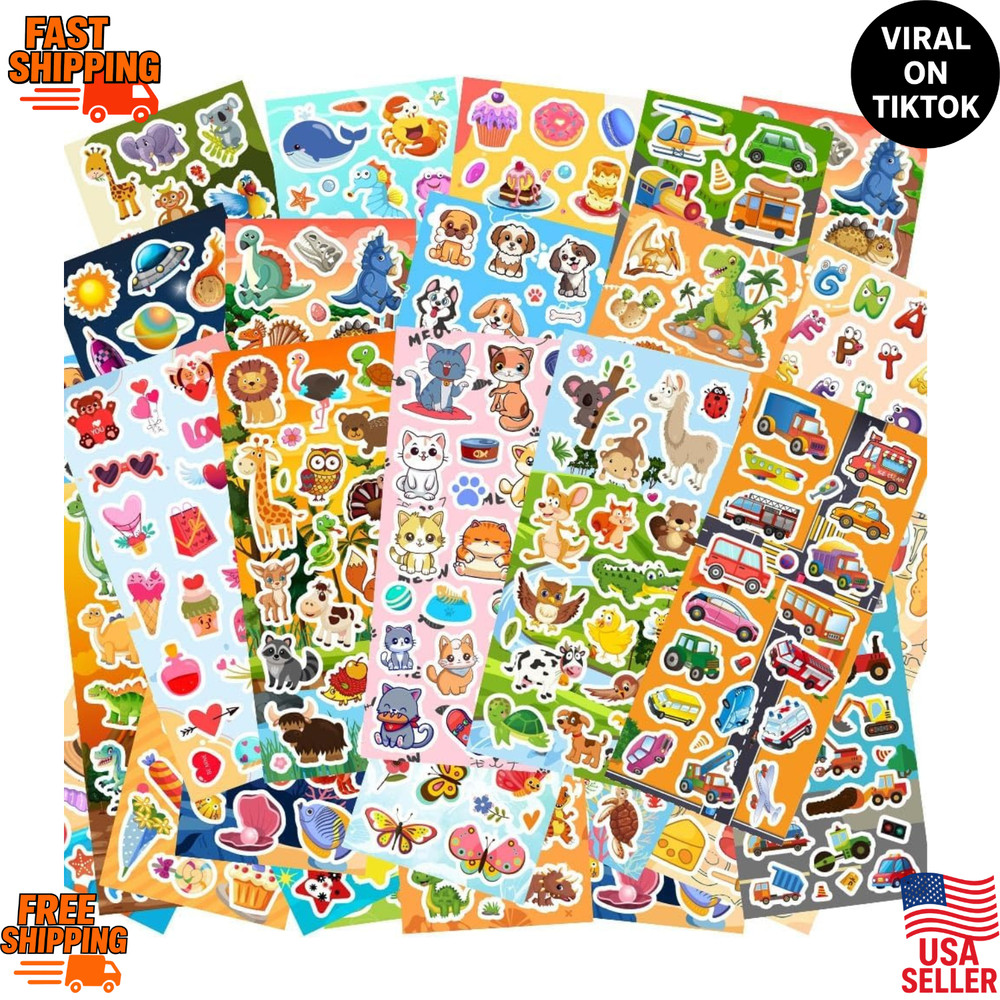 48 Sheets Kids Stickers Variety Pack Animals Dino Cars Reward Stickers