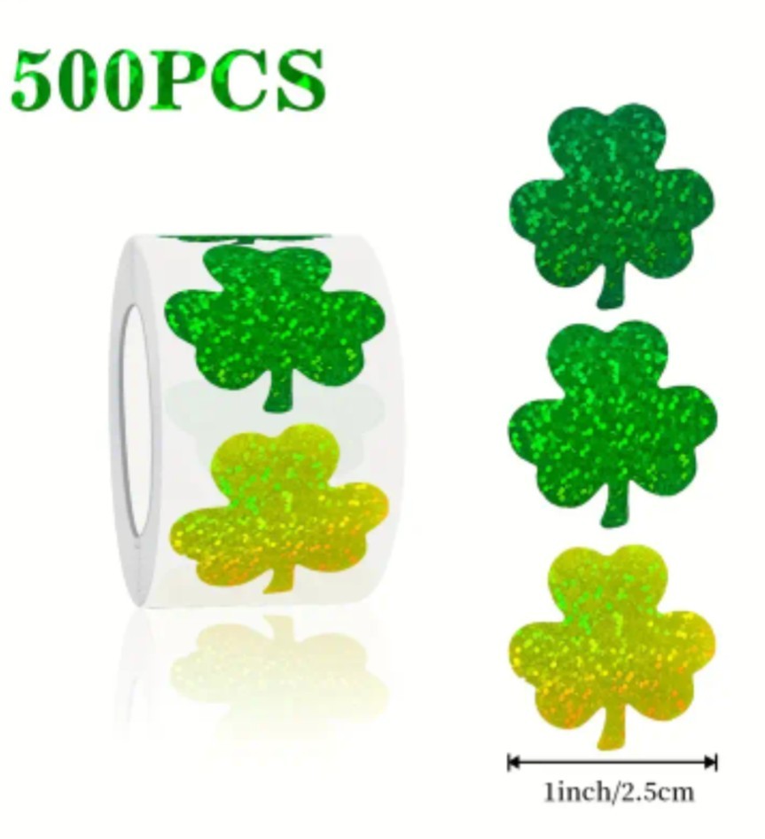 500 pc Sticker Seals Roll Green Fade Glitter Shamrock Lucky Clover Self Adhesive