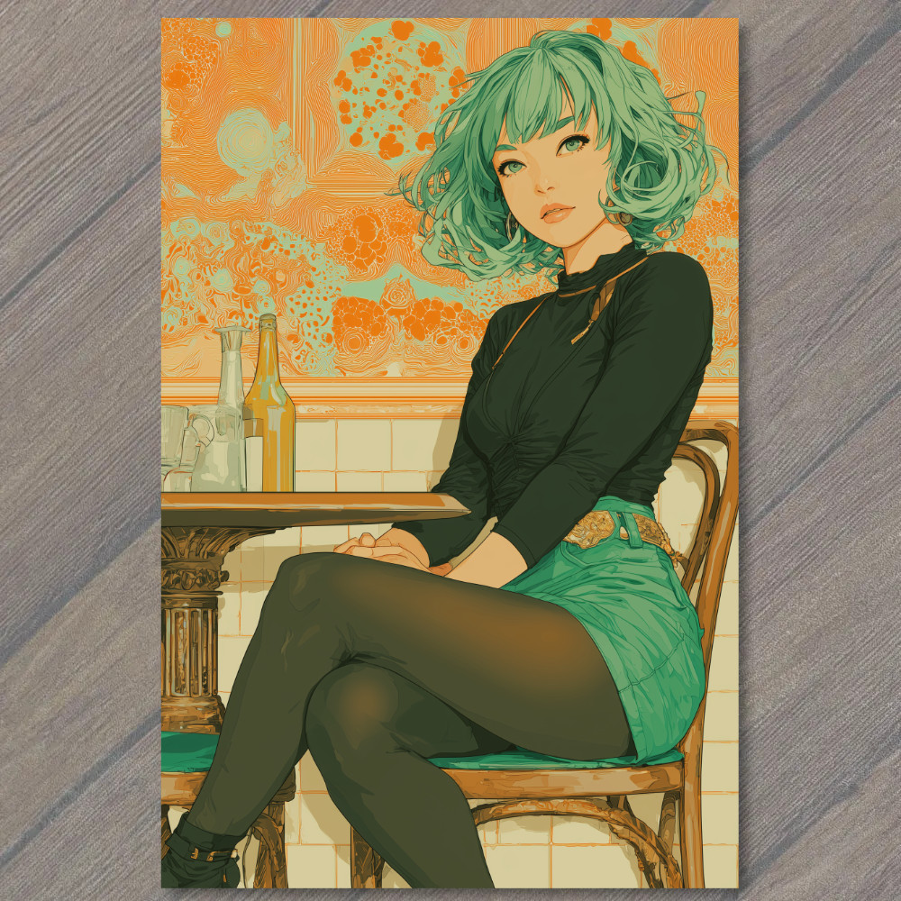 STICKER Green Hair Woman Black Shirt Yellow Sleeves Orange Skirt Retro Diner N