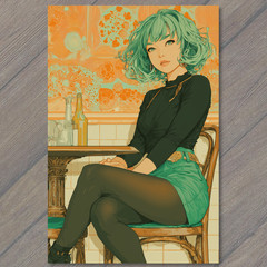 STICKER Green Hair Woman Black Shirt Yellow Sleeves Orange Skirt Retro Diner N