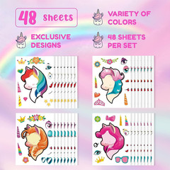 48 PCS Unicorn Stickers, Party Favors for Kids, Make a Face Sticker Sheets