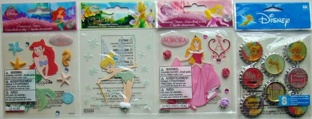 DISNEY PRINCESS LOT OF 4 Stickers EK Success NEW Ariel Aurora Tinker Bell Bottle