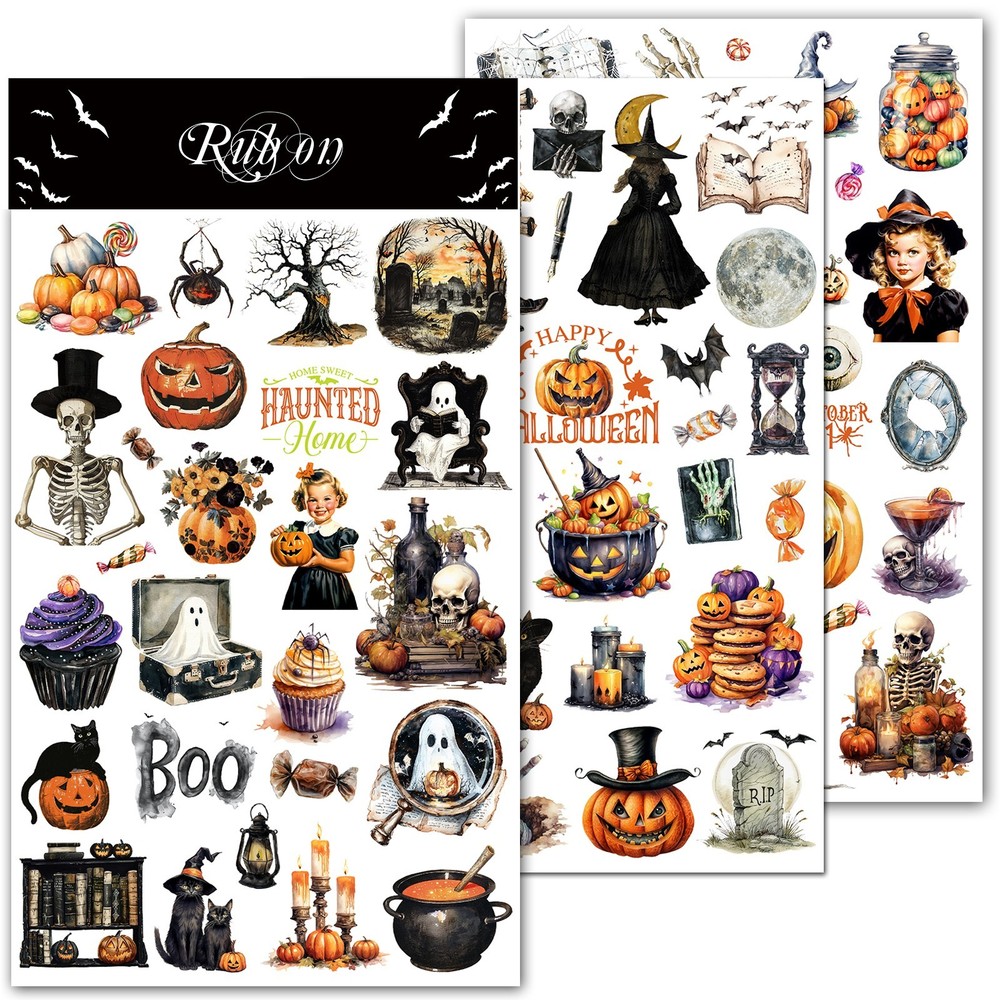 Halloween Rub-on Transfer Stickers 3 Sheets Use for Fabric Paper Wood Chips DIY