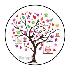 30 TREE WITH OWLS AND FLOWERS ENVELOPE SEALS LABELS STICKERS 1.5″ ROUND HEARTS