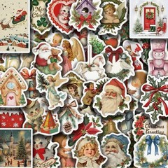 50 PACK OLD CHRISTMAS Retro Vintage Santa Angel Wreath Festive Sticker Lot
