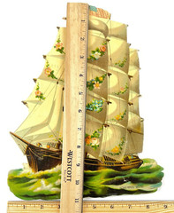 Vintage Sail Ship at Sea Beautiful Huge Die Cut Homeward Bound US Flag 11×8.75″