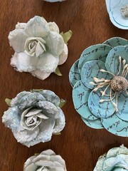 Handmade Paper Flower Embellishments Blue White Green Scrapbooking Lot