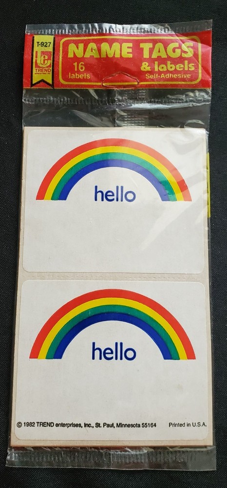 Vintage Trend Name Tags & Labels Rainbow Hello 1982 package of 16 NEW