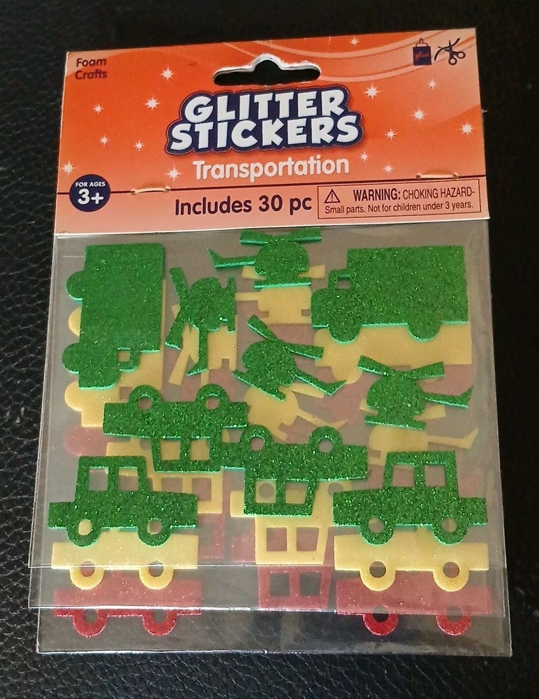 Vintage 2009 Foam Glitter Transportation Stickers 30 Pieces Green,yellow, Red