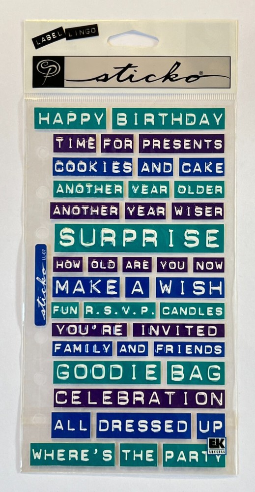 Sticko Label Lingo Blue Teal Birthday Party Words Phrases Scrapbook Stickers