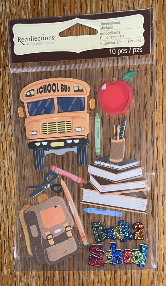 RECOLLECTIONS Back 2 School Yellow Bus Backpack Book Suplies Scrapbook Stickers