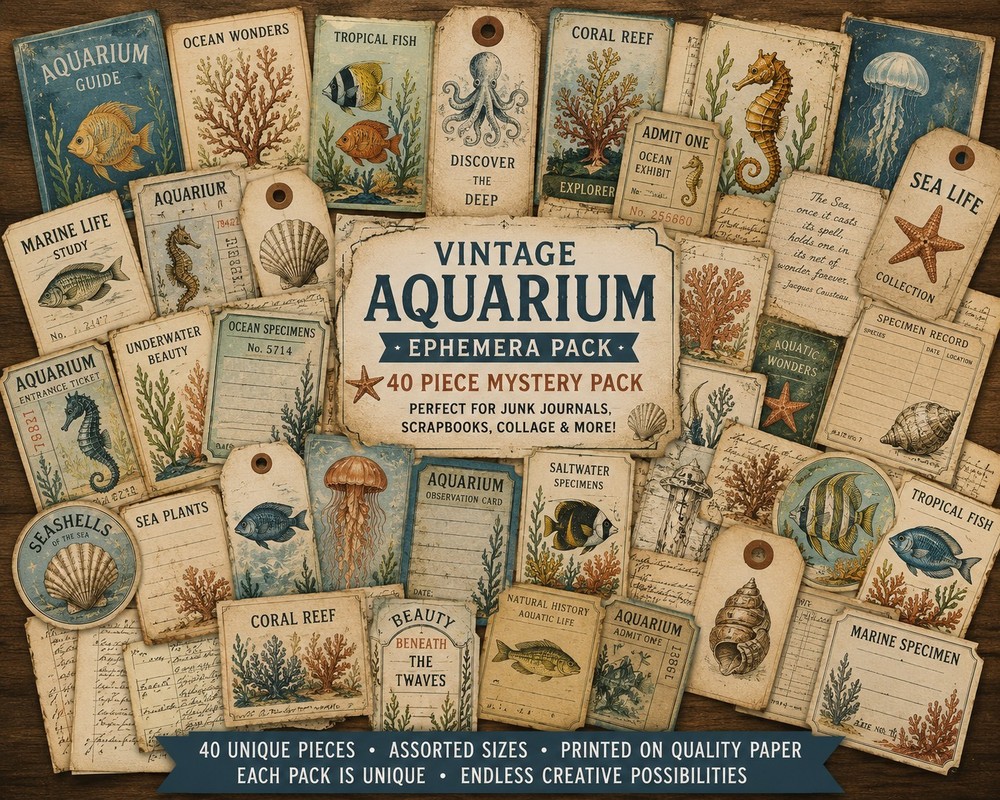 Vintage Aquarium Mystery Ephemera Pack – 40 Pieces – Ocean Life, Marine Ephemera
