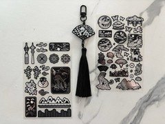 Korean Traditional Keychain + PET Sticker Sheet Set Black White Kawaii Gift