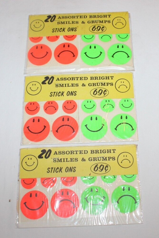 NOS 3 Sheets Vintage Assorted Bright Smiles & Grumps Stick Ons Stickers