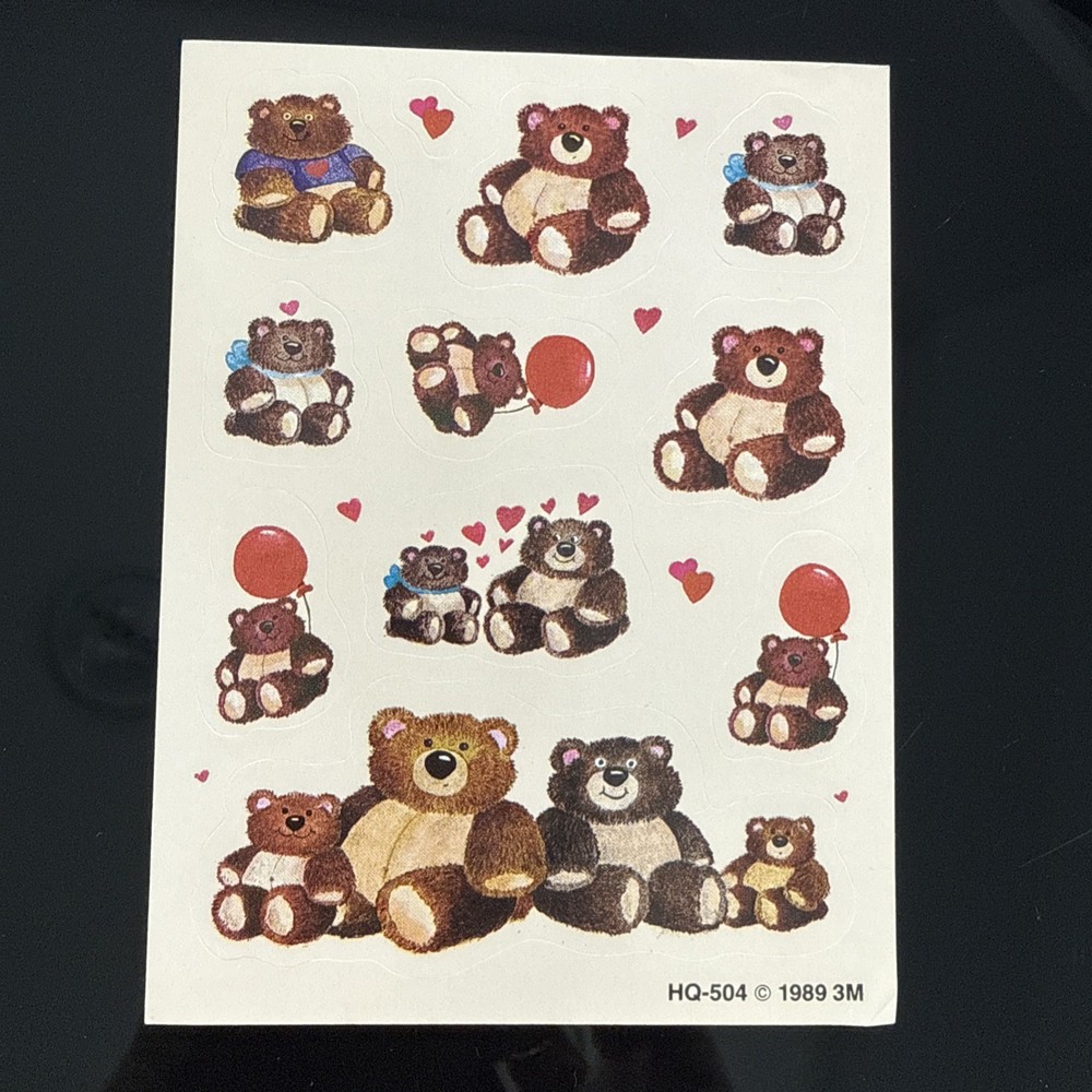 Vintage 80s 3M Brand STICKERS SHEET 1989 Adorable TEDDY BEARS- EXCELLENT HQ-504