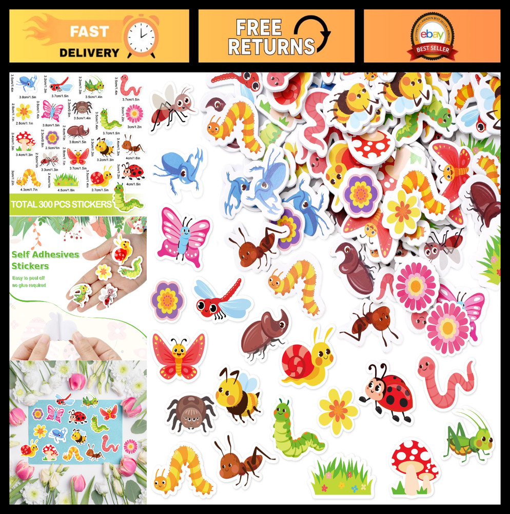 300Pcs Spring Insect Foam Stickers – Cute Cartoon Flowers, Butterflies, Bees & A