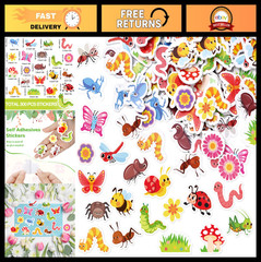 300Pcs Spring Insect Foam Stickers – Cute Cartoon Flowers, Butterflies, Bees & A