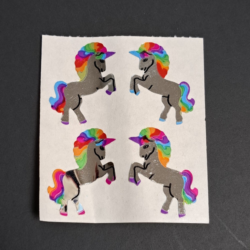 Vintage 1986 Sandylion foil shiny Unicorn Stickers Rearing Rainbow Mylar Mod