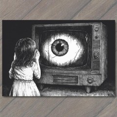 STICKER Girl Staring TV Set Haunted Eyes Look Child Black Horror Creepy Weird