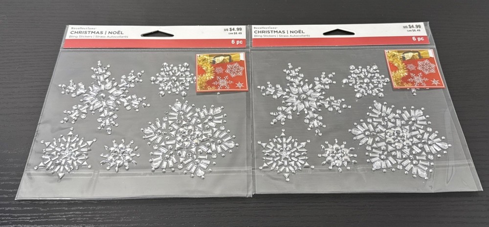 Recollections Christmas /Noël Mirror Snowflakes Bling Stickers 6pc Each Lot Of 2