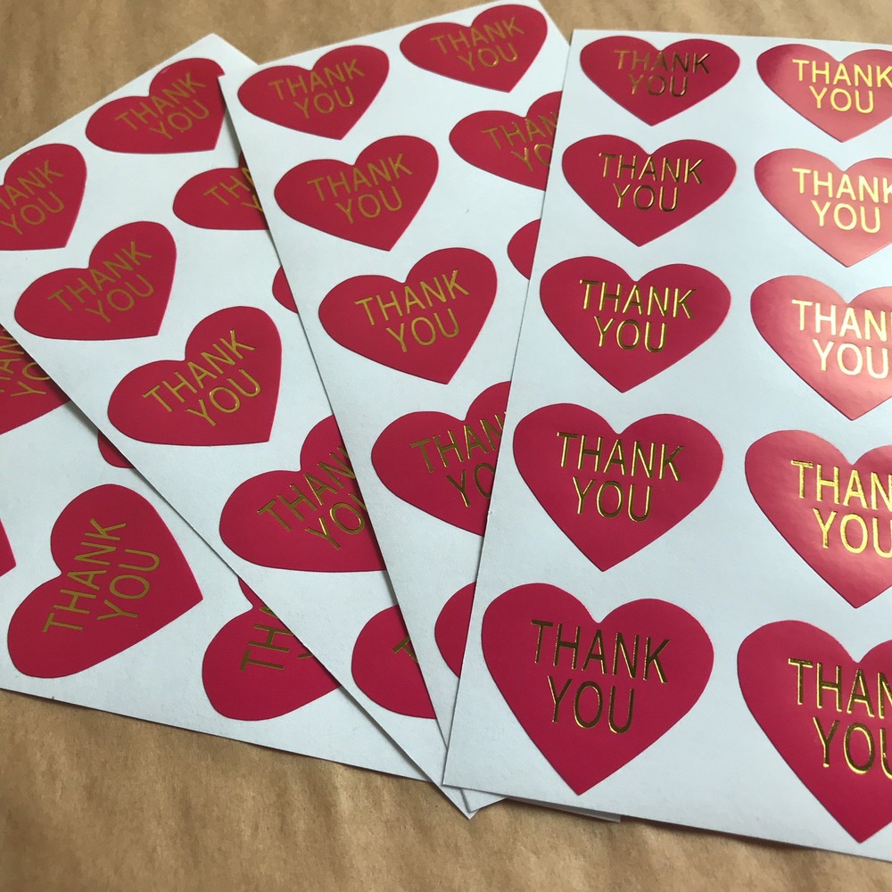 50 Heart Shaped Thank You Stickers On Glossy Hot Pink Paper With Gold Lettering