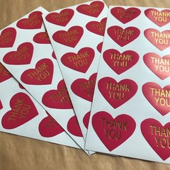 50 Heart Shaped Thank You Stickers On Glossy Hot Pink Paper With Gold Lettering