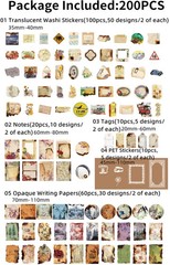 200PCS Vintage Scrapbooking Supplies Pack for Junk Journal Planners Decoupage Pa