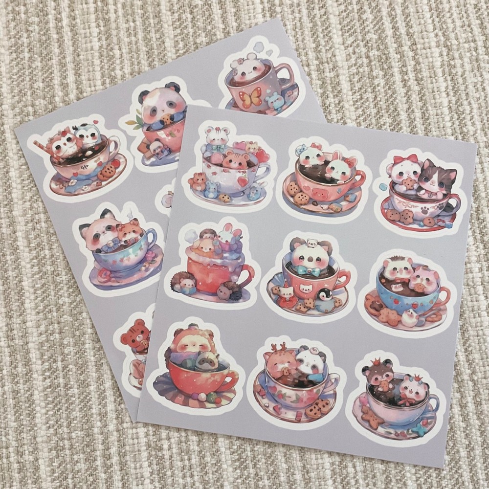 18 Cute Baby Animals in Teacups Stickers, Kawaii 1.6” Watercolor Decals