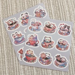18 Cute Baby Animals in Teacups Stickers, Kawaii 1.6” Watercolor Decals