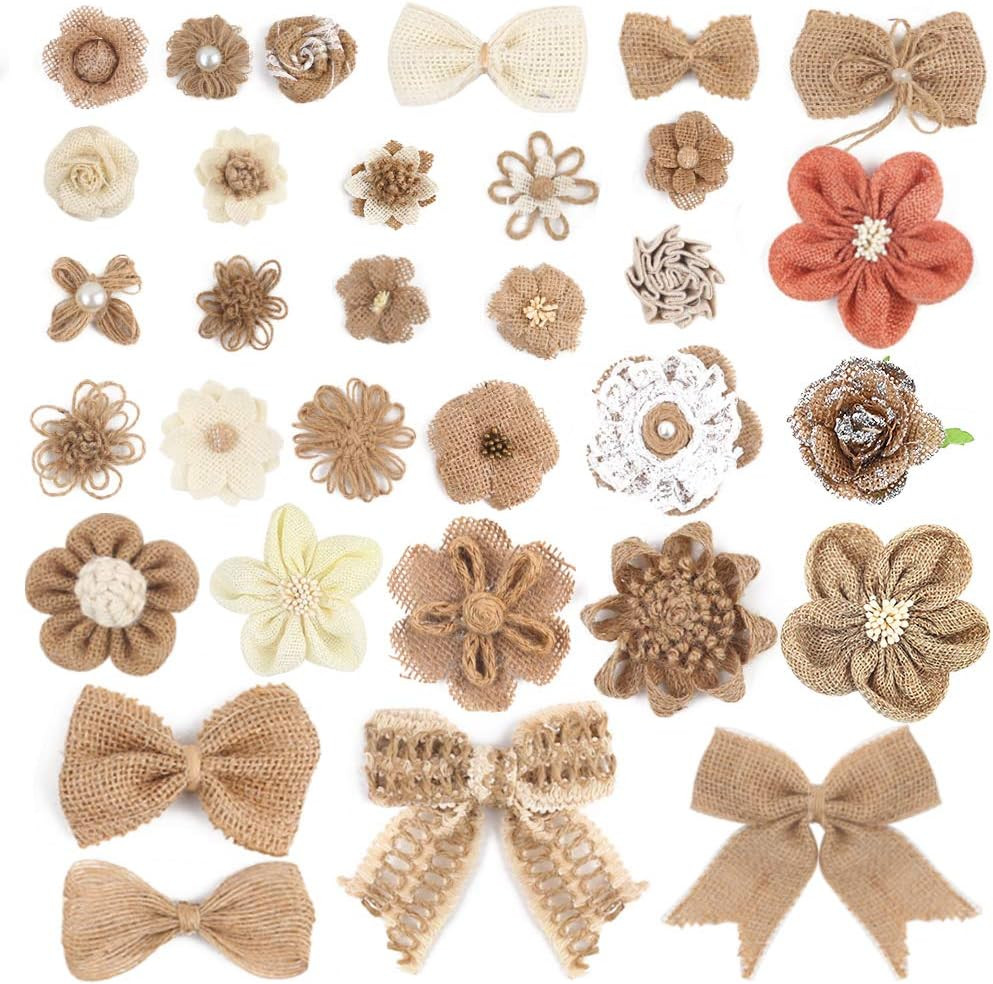 32 PCS Natural Burlap Flowers Set, Burlap Bows and Scrapbook Embellishments for