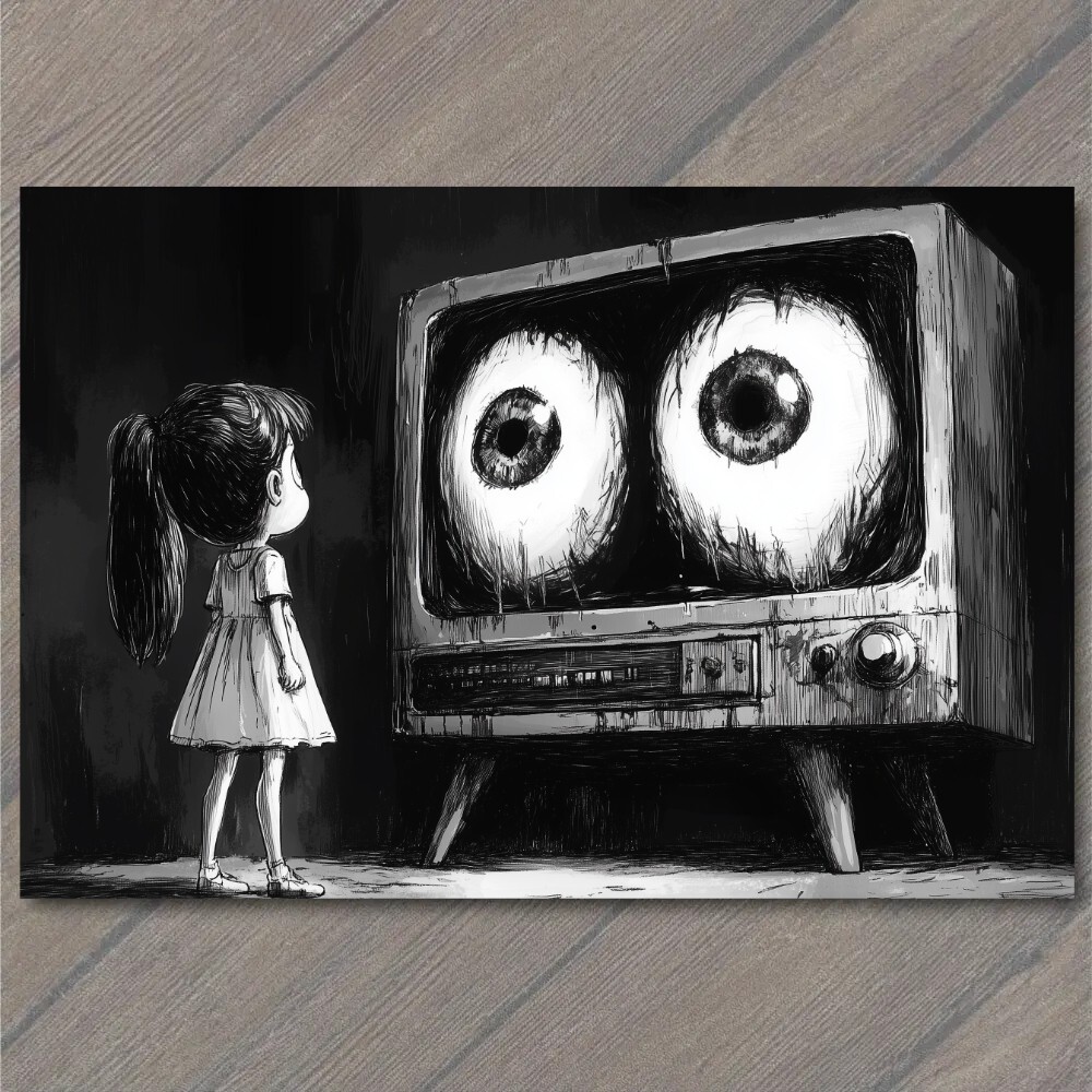 STICKER Girl Staring TV Set Haunted Eyes Look Child Black Horror Creepy Weird