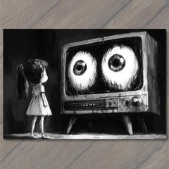 STICKER Girl Staring TV Set Haunted Eyes Look Child Black Horror Creepy Weird