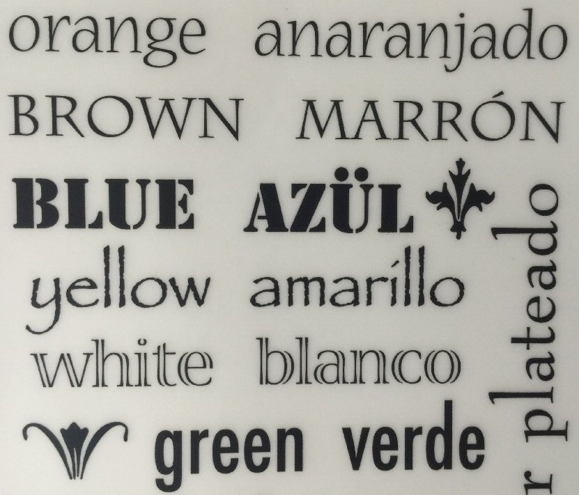 COLORS IN SPANISH/ENGLISH Rub-On Word(Approx.4.5″x 7.75″)Piggy Tails•Rojo•Dorado