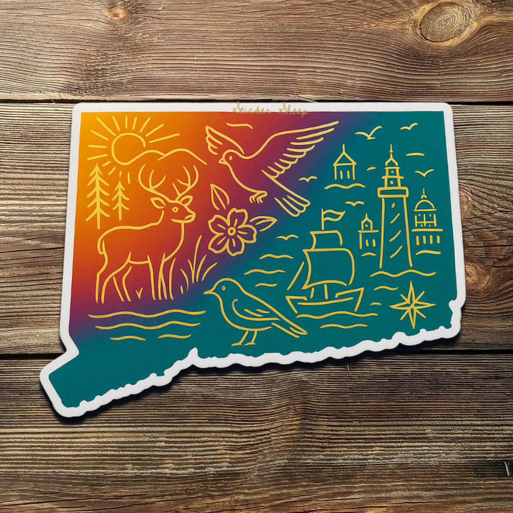 Connecticut Sticker – Gold Foil State Decal with Lighthouse, Deer & Sailboat Art