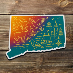 Connecticut Sticker – Gold Foil State Decal with Lighthouse, Deer & Sailboat Art