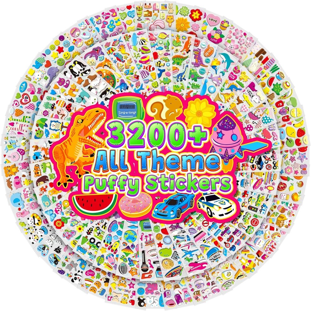 3200+ 3D Puffy Stickers for Kids in Box, 64 Sheets Cute Animal Stickers Bulk